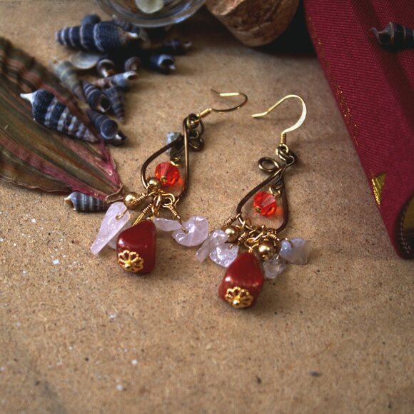 Brass Wire Pink & Red Dangle Earrings - Picture 1 of 4